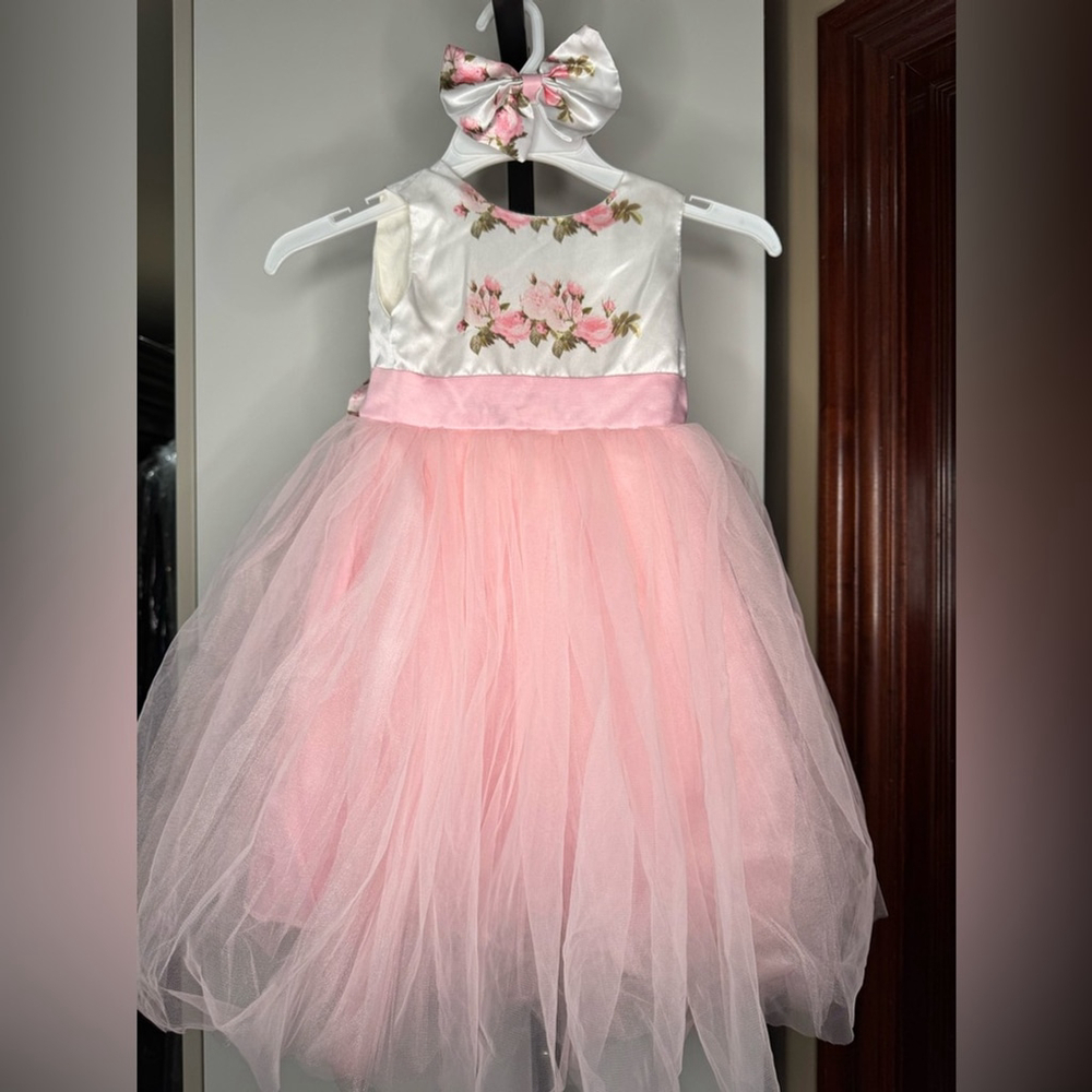 Handmade Pink Floral Tulle Dress with Bow